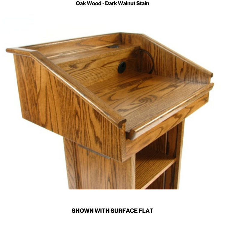 Counselor™ Podium, handcrafted in the USA with premium hardwood, adjustable work surface, built-in storage, and hidden casters.