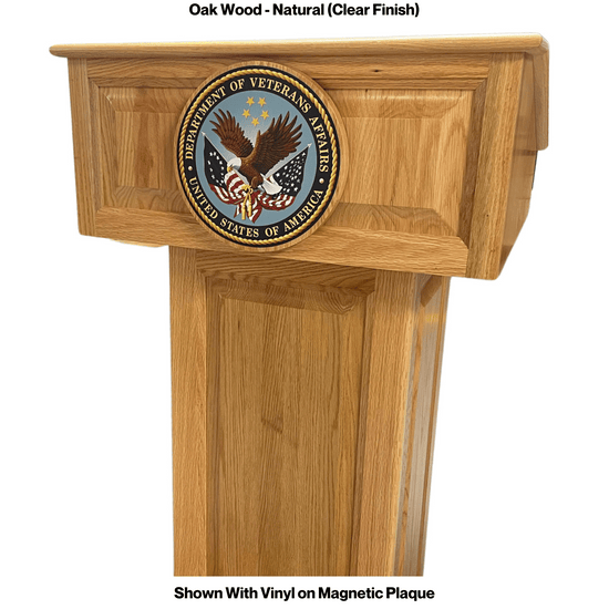 Counselor™ Podium, handcrafted in the USA with premium hardwood, adjustable work surface, built-in storage, and hidden casters.