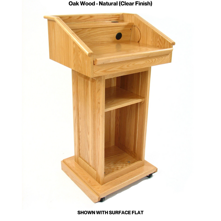 Counselor™ Podium, handcrafted in the USA with premium hardwood, adjustable work surface, built-in storage, and hidden casters.