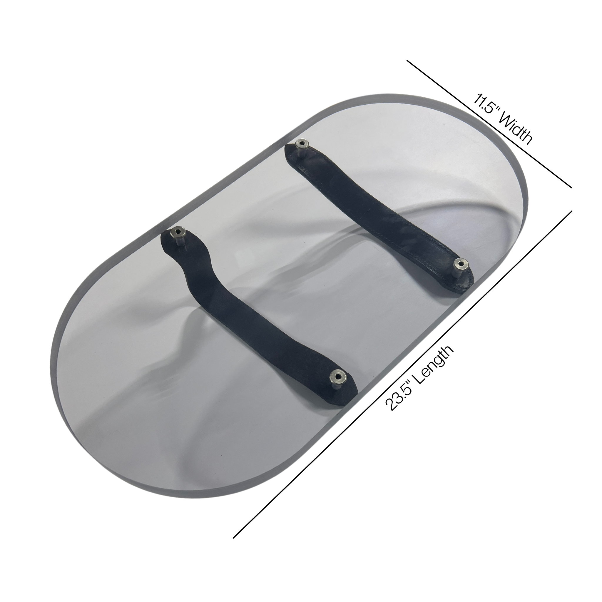 Clear handheld bullet-resistant shield with leather hand strap, NIJ-3A rated to stop .357 SIG and .44 Magnum, made in the USA.