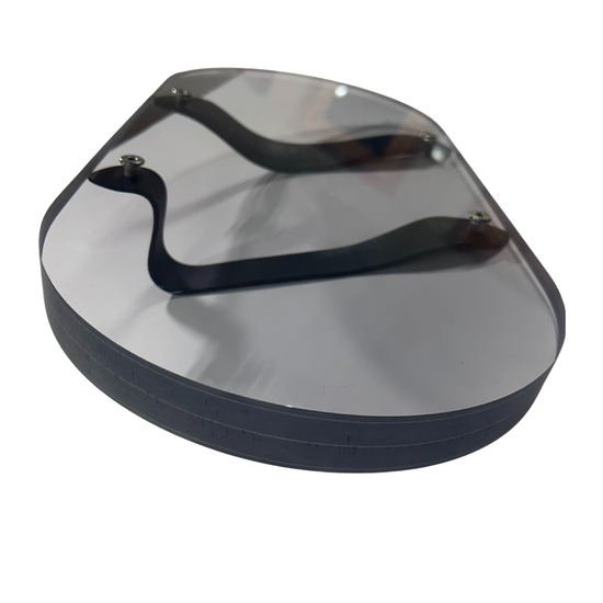 Clear handheld bullet-resistant shield with leather hand strap, NIJ-3A rated to stop .357 SIG and .44 Magnum, made in the USA.