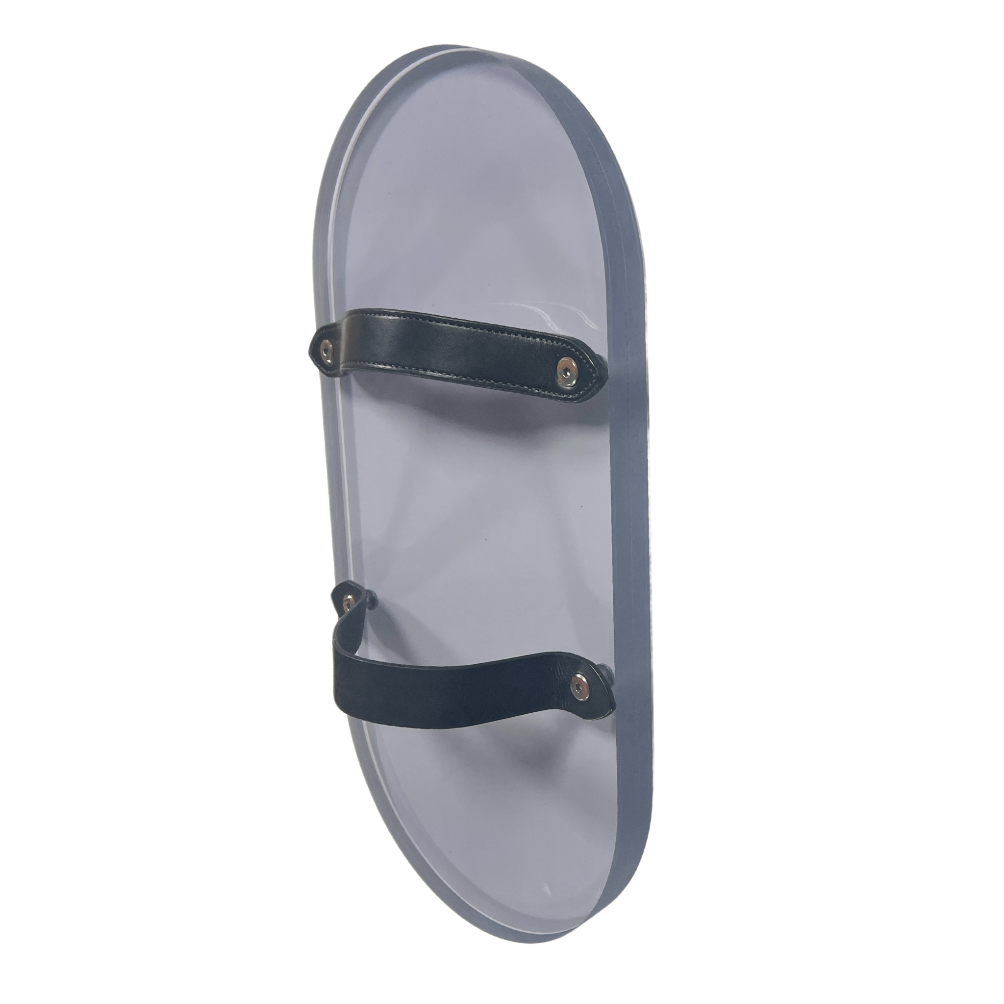 Clear handheld bullet-resistant shield with leather hand strap, NIJ-3A rated to stop .357 SIG and .44 Magnum, made in the USA.