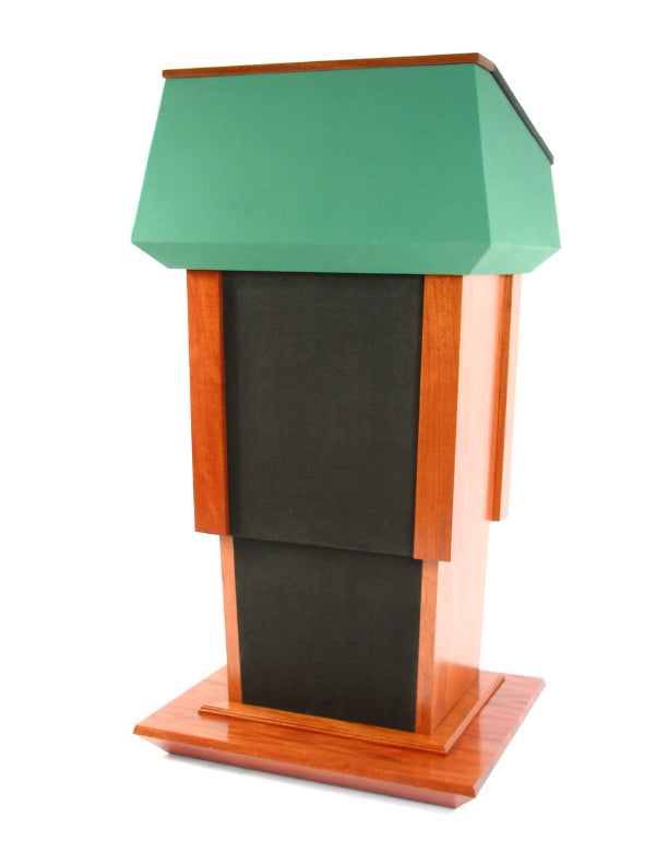 Height-adjustable wooden podium with built-in sound system, LED light, microphone, and magnetic auto-aligning logo plaque system.