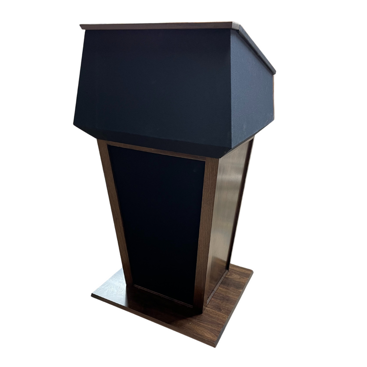 Premium solid wood sound podium with built-in speakers, gooseneck microphone, LED light, magnetic logo system, and pop-out beverage holder.