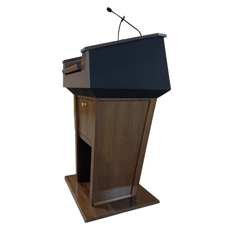 Premium solid wood sound podium with built-in speakers, gooseneck microphone, LED light, magnetic logo system, and pop-out beverage holder.