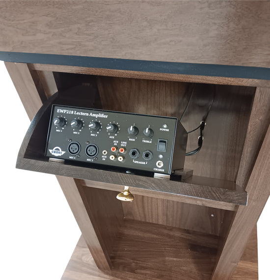 Premium solid wood sound podium with built-in speakers, gooseneck microphone, LED light, magnetic logo system, and pop-out beverage holder.