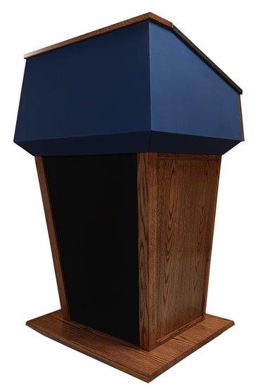 Presidential solid wood sound podium with built-in speakers, gooseneck microphone, LED light, retractable clock, and magnetic logo panel.