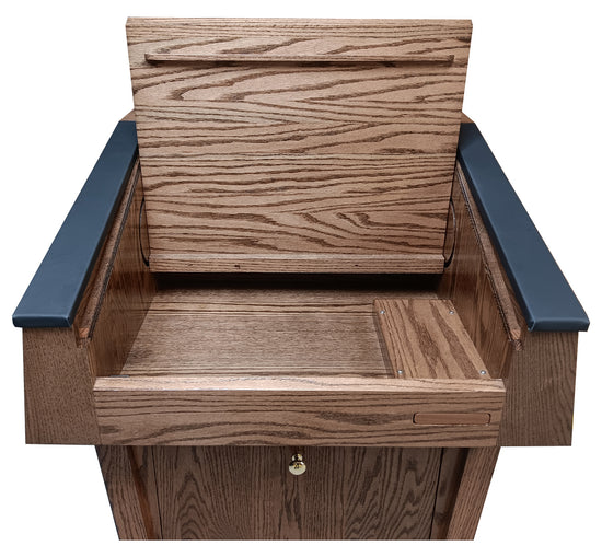 Presidential solid wood sound podium with built-in speakers, gooseneck microphone, LED light, retractable clock, and magnetic logo panel.