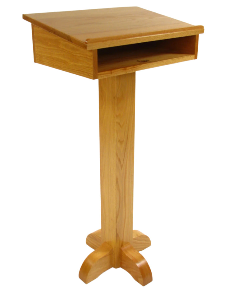 Pedestal Speaker’s Stand PSS243 – Solid oak lectern with book storage, Ideal for classrooms, churches, presentations.