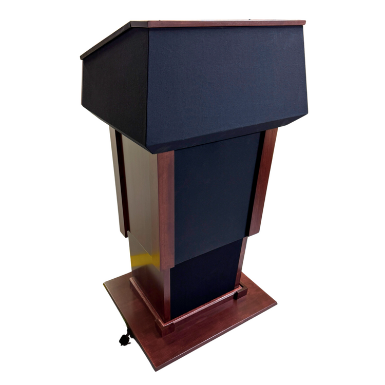 Large presidential height-adjustable wooden podium with built-in sound system, retractable microphone, LED light, and clock.