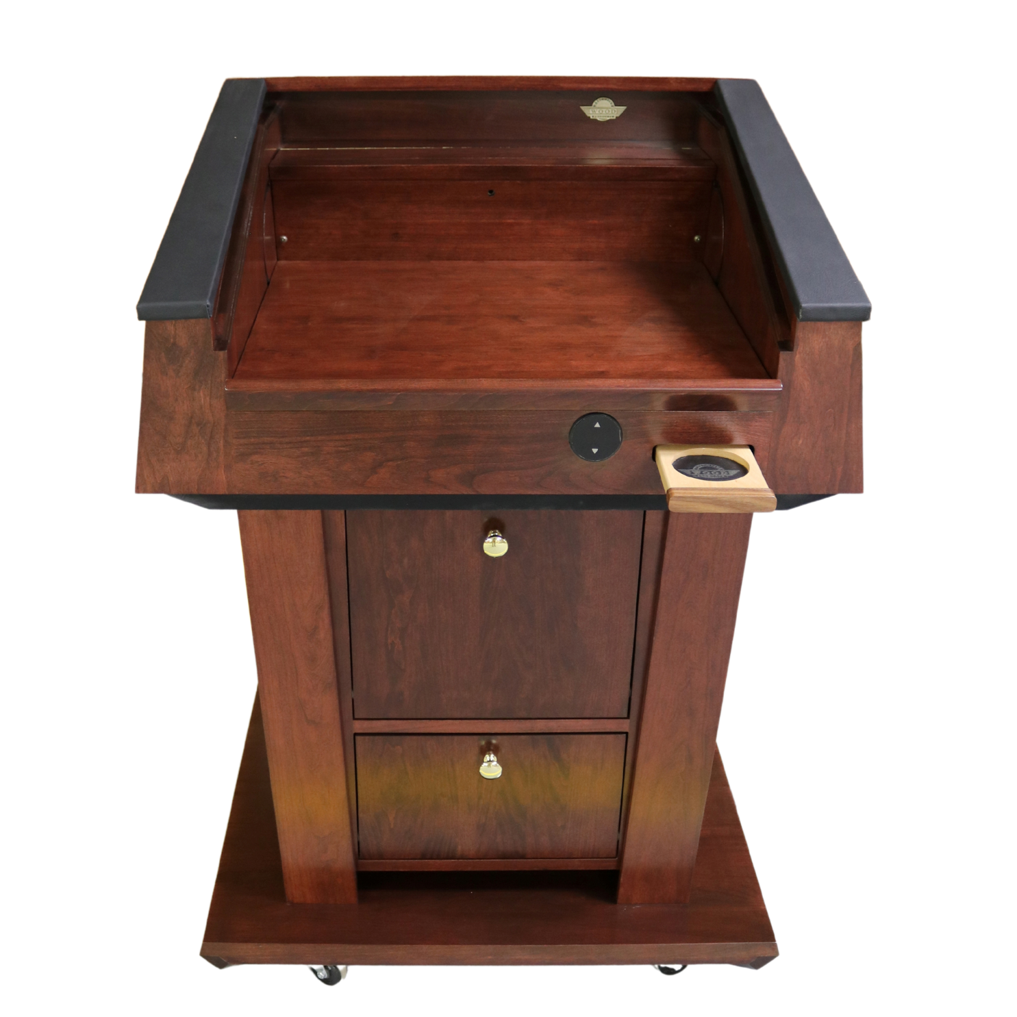 Height-adjustable wooden podium with built-in sound system, LED light, microphone, and magnetic auto-aligning logo plaque system.