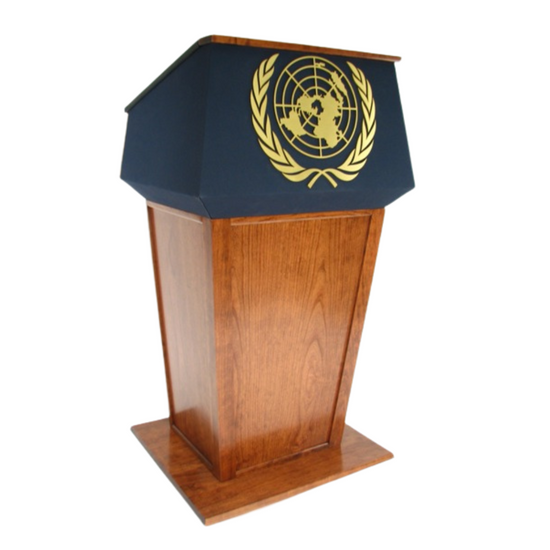 Presidential™ Bullet Resistant Lectern with solid hardwood construction, designed for secure and professional environments. Features sleek, modern design with a protective bullet-resistant shield, ideal for high-security settings like government offices or public events. American made durable  