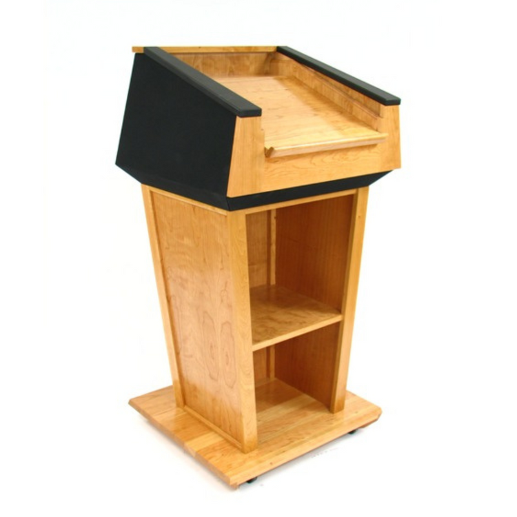 Presidential Plus™ Anti-Ballistic Lectern, designed with enhanced security features, featuring a sleek, solid wood construction with a polished finish. This durable lectern provides a professional, commanding presence while offering ballistic protection, making it ideal for high-security environments and formal settings." protective podium american podium durable security podium bulletproof podium