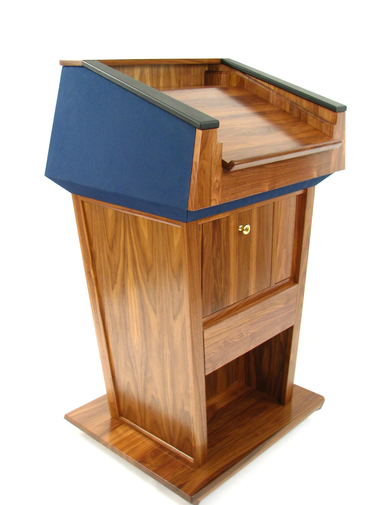 Presidential solid wood sound podium with built-in speakers, gooseneck microphone, LED light, retractable clock, and magnetic logo panel.