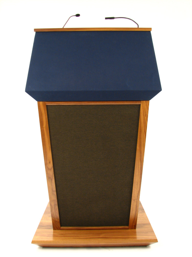 Presidential solid wood sound podium with built-in speakers, gooseneck microphone, LED light, retractable clock, and magnetic logo panel.