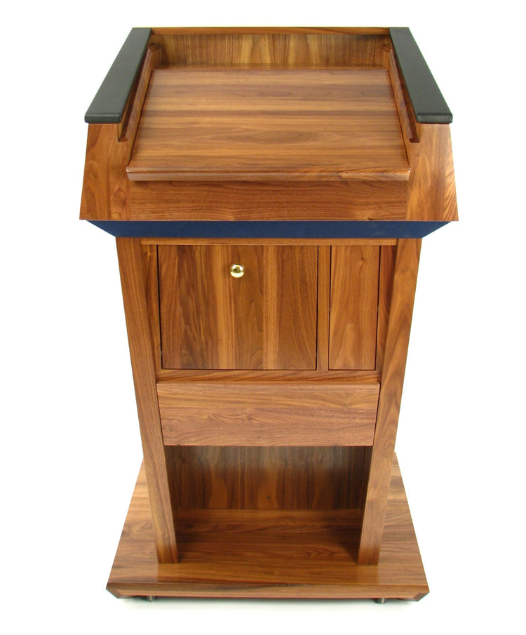 Presidential solid wood sound podium with built-in speakers, gooseneck microphone, LED light, retractable clock, and magnetic logo panel.