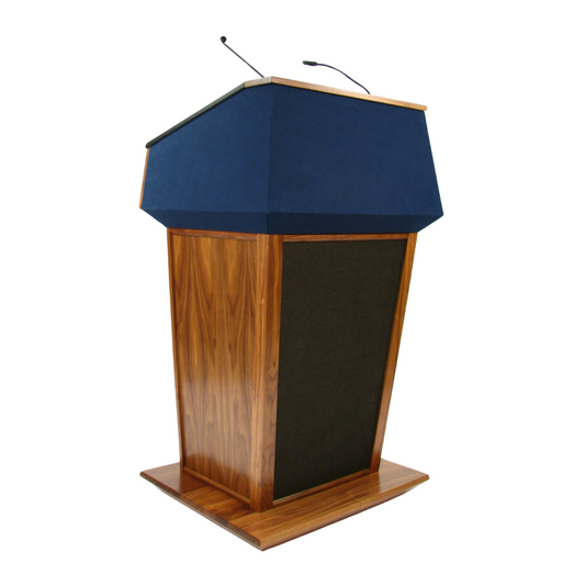 "Presidential Plus Evolution™ Large Sound Podium crafted from polished walnut wood, featuring a red fabric-covered top with a drop-down work surface, leather handrails, and a Shure Microflex 18-inch gooseneck microphone. The podium includes a tilt-out amplifier station, a 12-inch LED gooseneck light, a Howard Miller clock, and a pop-out cup holder, all mounted on four casters (two locking). A custom logo is magnetically attached to the front."