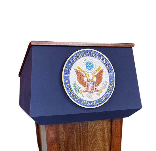 "Presidential Plus™ Large Solid Wood Podium featuring a rich, polished finish and spacious design. Crafted from high-quality solid wood, this elegant podium offers ample surface area for presentations, with a classic and professional look perfect for corporate, academic, or formal settings." PODIUM SOUND SYSTEM AMERICAN MADE PODIUM handcrafted podium