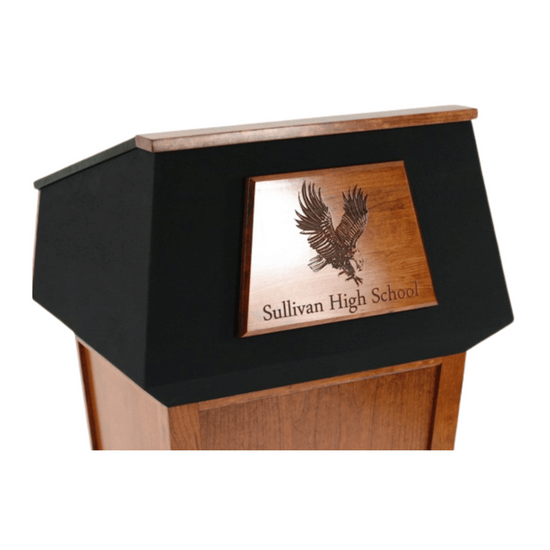 "Presidential Plus™ Large Solid Wood Podium featuring a rich, polished finish and spacious design. Crafted from high-quality solid wood, this elegant podium offers ample surface area for presentations, with a classic and professional look perfect for corporate, academic, or formal settings." PODIUM SOUND SYSTEM AMERICAN MADE PODIUM handcrafted podium