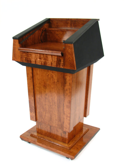 "Presidential Plus Lift™ - Large Height Adjustable Podium, featuring a solid wood construction with a sleek, polished finish. This versatile podium offers easy height adjustment, providing comfort and flexibility for a wide range of users in professional and formal settings." American made podium durable podium height adjustable podium 