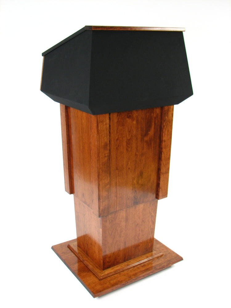 "Presidential Plus Lift™ - Large Height Adjustable Podium, featuring a solid wood construction with a sleek, polished finish. This versatile podium offers easy height adjustment, providing comfort and flexibility for a wide range of users in professional and formal settings." American made podium durable podium height adjustable podium 