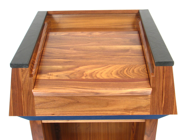 "Presidential™ Solid Hardwood Podium featuring a sleek, classic design with rich wood finish. The podium is crafted from solid hardwood, providing a sturdy and elegant stand for presentations, speeches, and lectures. Ideal for professional settings like conferences, universities, and executive meetings. TEXTILE FABRIC COVERING TOP SEAMLESS AMERICAN MADE HANDCRAFTED LECTERN MOBILE