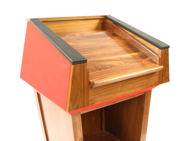 "Presidential™ Solid Hardwood Podium featuring a sleek, classic design with rich wood finish. The podium is crafted from solid hardwood, providing a sturdy and elegant stand for presentations, speeches, and lectures. Ideal for professional settings like conferences, universities, and executive meetings. TEXTILE FABRIC COVERING TOP SEAMLESS AMERICAN MADE HANDCRAFTED LECTERN MOBILE