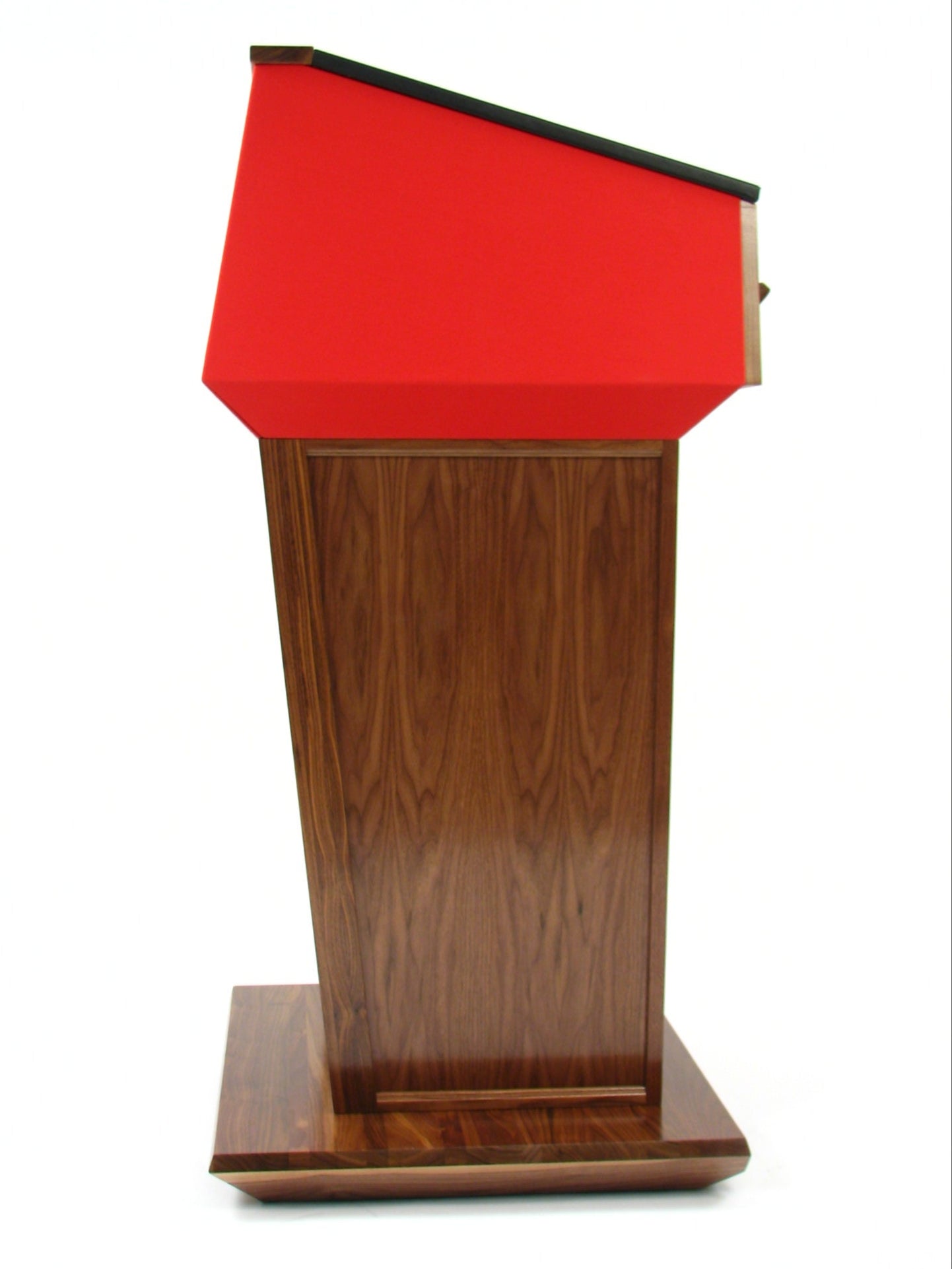 "Presidential™ Solid Hardwood Podium featuring a sleek, classic design with rich wood finish. The podium is crafted from solid hardwood, providing a sturdy and elegant stand for presentations, speeches, and lectures. Ideal for professional settings like conferences, universities, and executive meetings. TEXTILE FABRIC COVERING TOP SEAMLESS AMERICAN MADE HANDCRAFTED LECTERN MOBILE