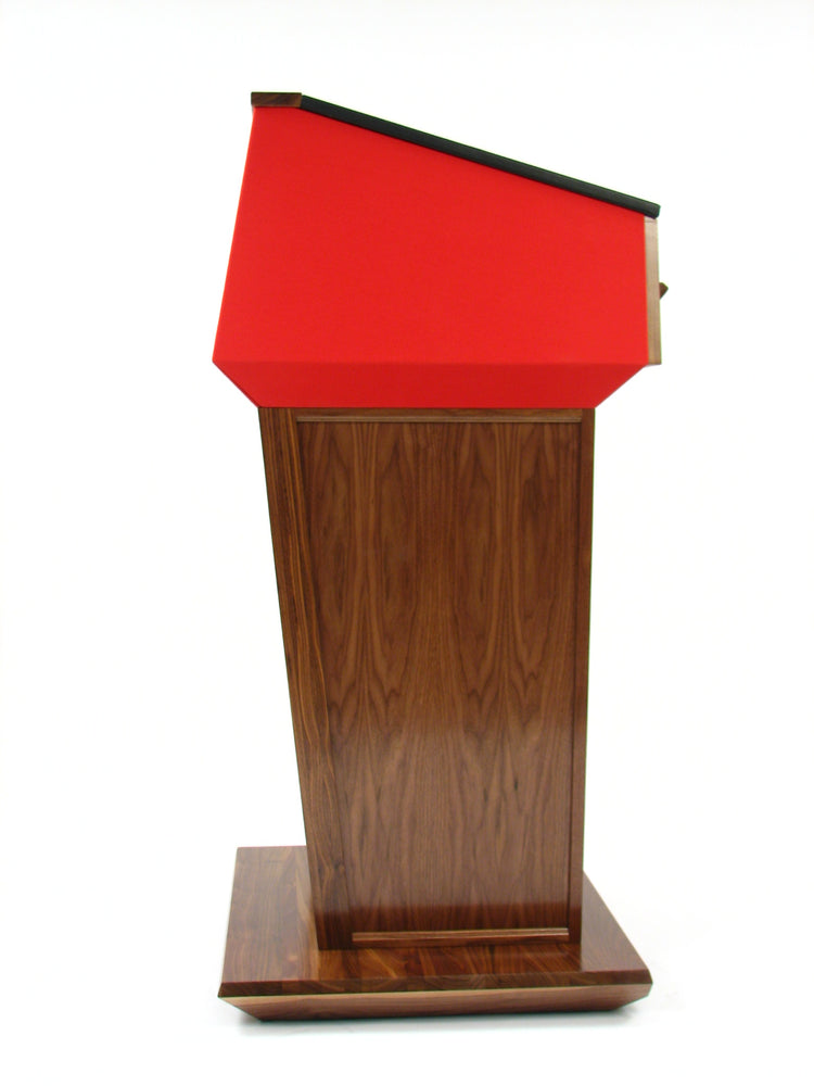 "Presidential™ Solid Hardwood Podium featuring a sleek, classic design with rich wood finish. The podium is crafted from solid hardwood, providing a sturdy and elegant stand for presentations, speeches, and lectures. Ideal for professional settings like conferences, universities, and executive meetings. TEXTILE FABRIC COVERING TOP SEAMLESS AMERICAN MADE HANDCRAFTED LECTERN MOBILE