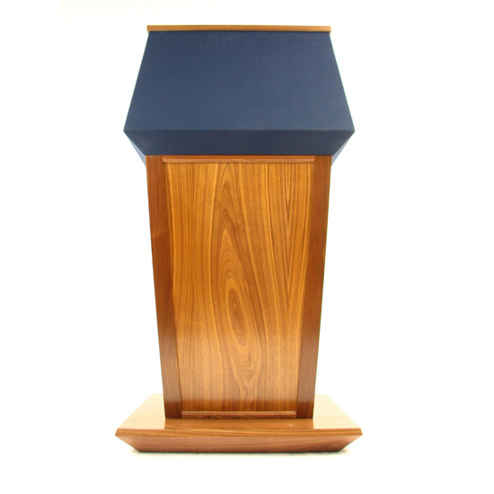 "Presidential™ Solid Hardwood Podium featuring a sleek, classic design with rich wood finish. The podium is crafted from solid hardwood, providing a sturdy and elegant stand for presentations, speeches, and lectures. Ideal for professional settings like conferences, universities, and executive meetings. TEXTILE FABRIC COVERING TOP SEAMLESS AMERICAN MADE HANDCRAFTED LECTERN MOBILE