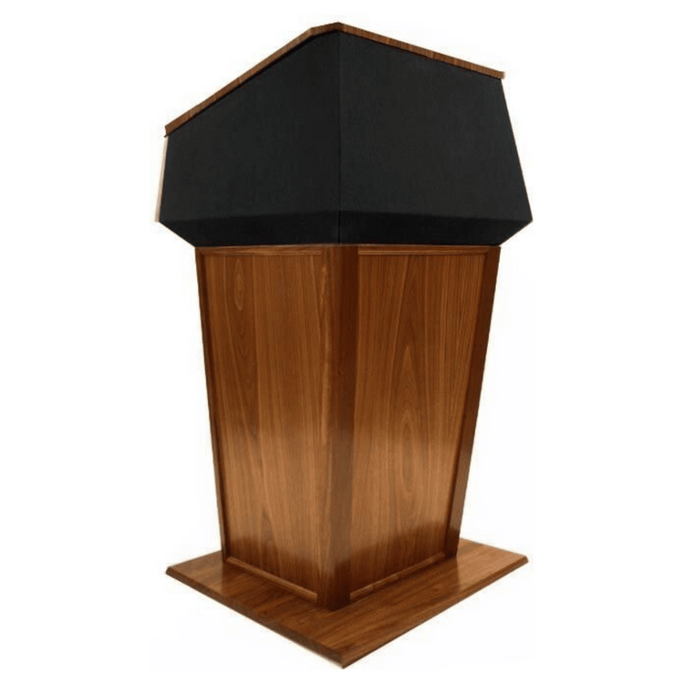 "Presidential™ Solid Hardwood Podium featuring a sleek, classic design with rich wood finish. The podium is crafted from solid hardwood, providing a sturdy and elegant stand for presentations, speeches, and lectures. Ideal for professional settings like conferences, universities, and executive meetings. TEXTILE FABRIC COVERING TOP SEAMLESS AMERICAN MADE HANDCRAFTED LECTERN MOBILE