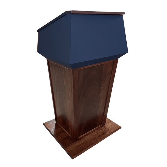 "Presidential™ Solid Hardwood Podium featuring a sleek, classic design with rich wood finish. The podium is crafted from solid hardwood, providing a sturdy and elegant stand for presentations, speeches, and lectures. Ideal for professional settings like conferences, universities, and executive meetings. TEXTILE FABRIC COVERING TOP SEAMLESS AMERICAN MADE HANDCRAFTED LECTERN MOBILE