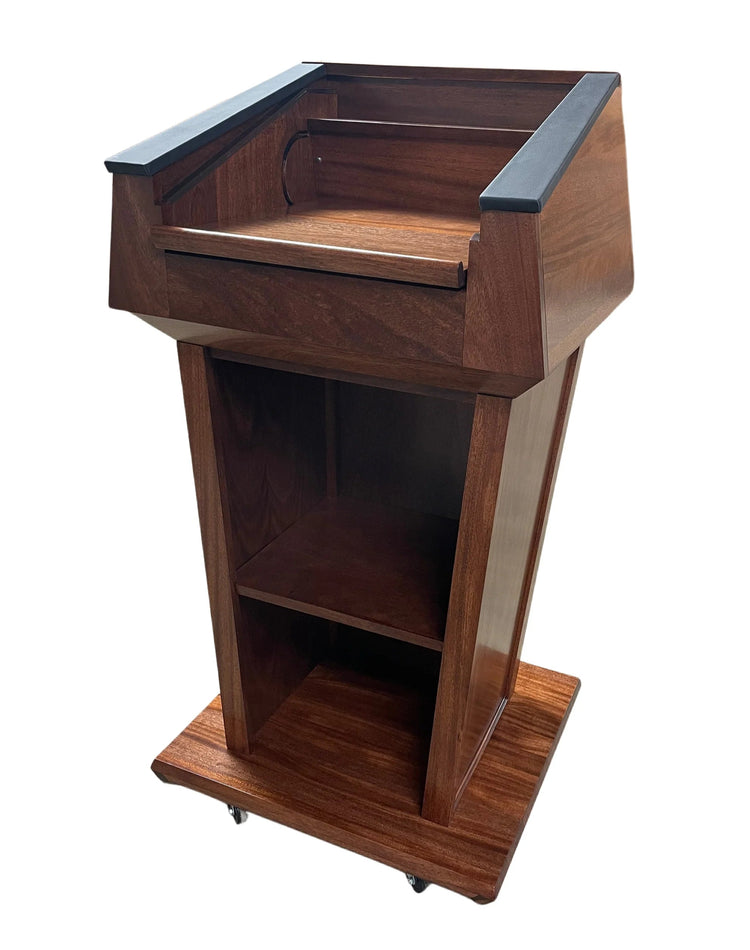 Presidential™ Bullet Resistant Lectern with solid hardwood construction, designed for secure and professional environments. Features sleek, modern design with a protective bullet-resistant shield, ideal for high-security settings like government offices or public events. American made durable  