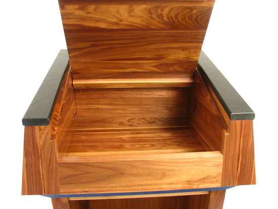 "Presidential™ Solid Hardwood Podium featuring a sleek, classic design with rich wood finish. The podium is crafted from solid hardwood, providing a sturdy and elegant stand for presentations, speeches, and lectures. Ideal for professional settings like conferences, universities, and executive meetings. TEXTILE FABRIC COVERING TOP SEAMLESS AMERICAN MADE HANDCRAFTED LECTERN MOBILE