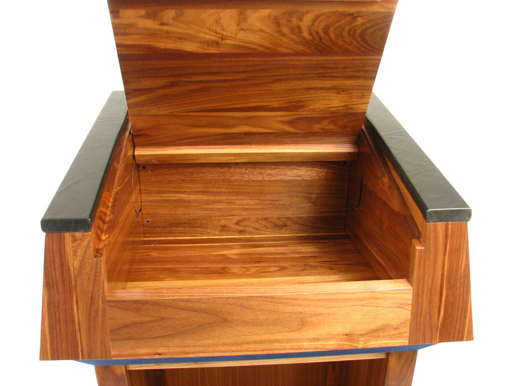 "Presidential™ Solid Hardwood Podium featuring a sleek, classic design with rich wood finish. The podium is crafted from solid hardwood, providing a sturdy and elegant stand for presentations, speeches, and lectures. Ideal for professional settings like conferences, universities, and executive meetings. TEXTILE FABRIC COVERING TOP SEAMLESS AMERICAN MADE HANDCRAFTED LECTERN MOBILE