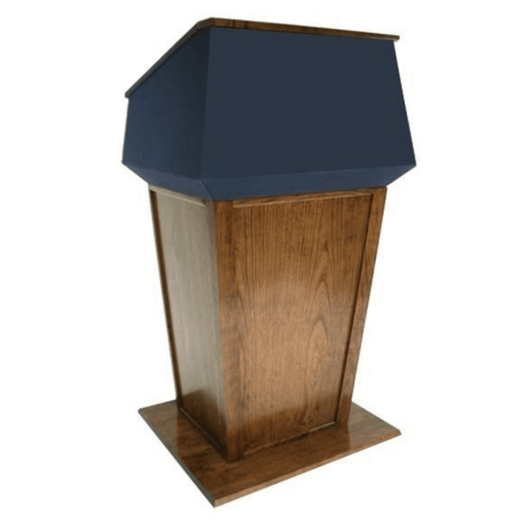 "Presidential™ Solid Hardwood Podium featuring a sleek, classic design with rich wood finish. The podium is crafted from solid hardwood, providing a sturdy and elegant stand for presentations, speeches, and lectures. Ideal for professional settings like conferences, universities, and executive meetings. TEXTILE FABRIC COVERING TOP SEAMLESS AMERICAN MADE HANDCRAFTED LECTERN MOBILE