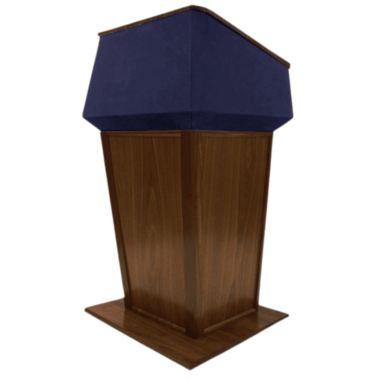 "Presidential™ Solid Hardwood Podium featuring a sleek, classic design with rich wood finish. The podium is crafted from solid hardwood, providing a sturdy and elegant stand for presentations, speeches, and lectures. Ideal for professional settings like conferences, universities, and executive meetings. TEXTILE FABRIC COVERING TOP SEAMLESS AMERICAN MADE HANDCRAFTED LECTERN MOBILE