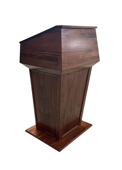 "Presidential™ Solid Hardwood Podium featuring a sleek, classic design with rich wood finish. The podium is crafted from solid hardwood, providing a sturdy and elegant stand for presentations, speeches, and lectures. Ideal for professional settings like conferences, universities, and executive meetings. TEXTILE FABRIC COVERING TOP SEAMLESS AMERICAN MADE HANDCRAFTED LECTERN MOBILE