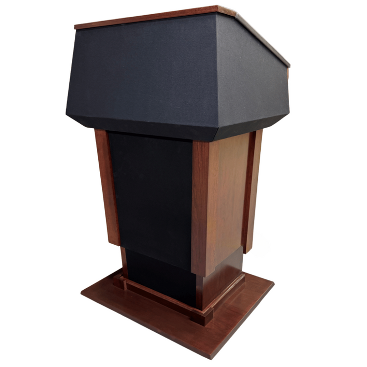 Large presidential height-adjustable wooden podium with built-in sound system, retractable microphone, LED light, and clock.