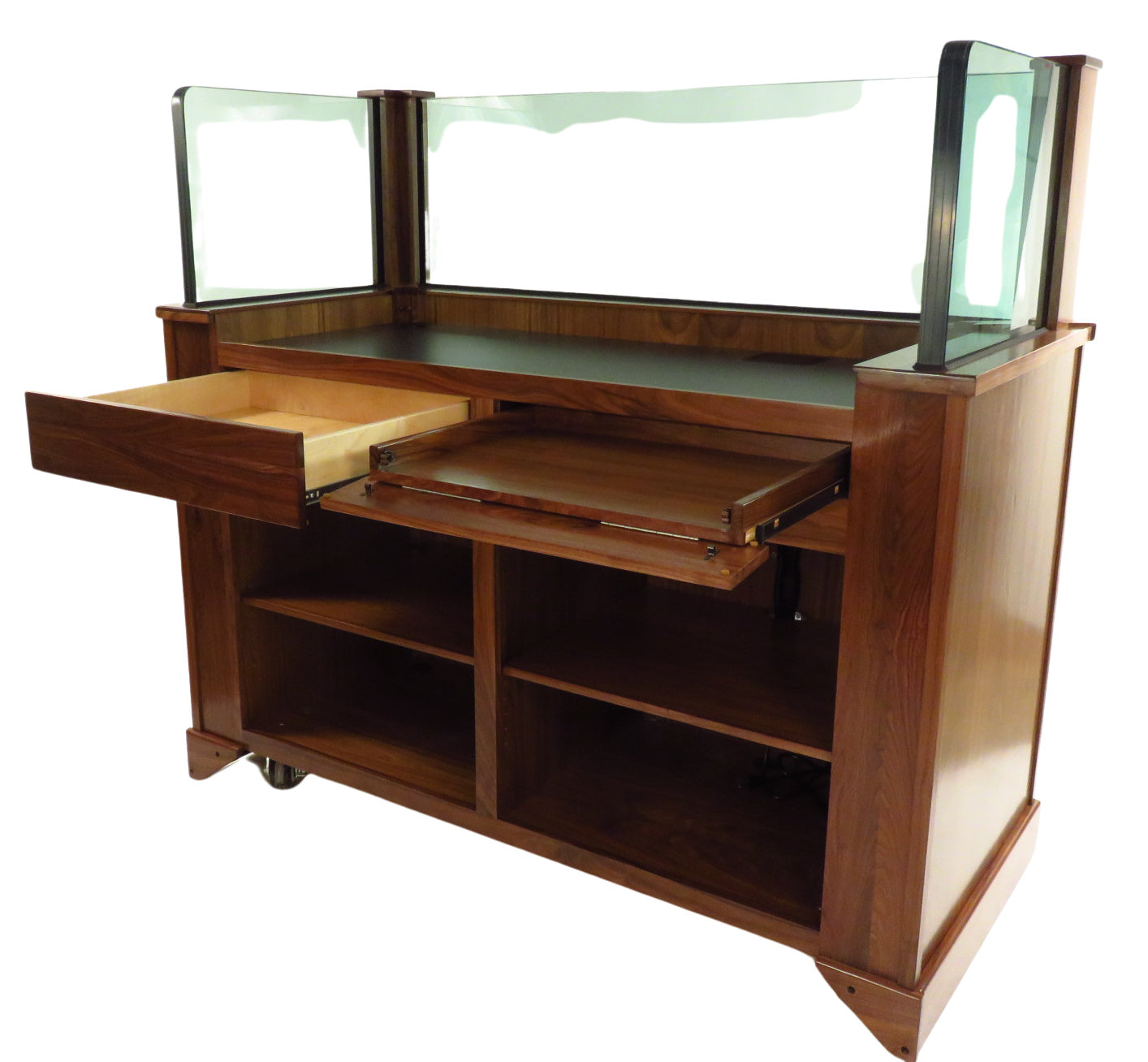 Protector™ Command Center - NIJ3 Bullet Resistant Workstation featuring a rugged, fortified design with reinforced bulletproof panels, providing maximum security and protection. The workstation offers ample storage and workspace, ideal for command centers in high-security environments." AMERICAN MADE