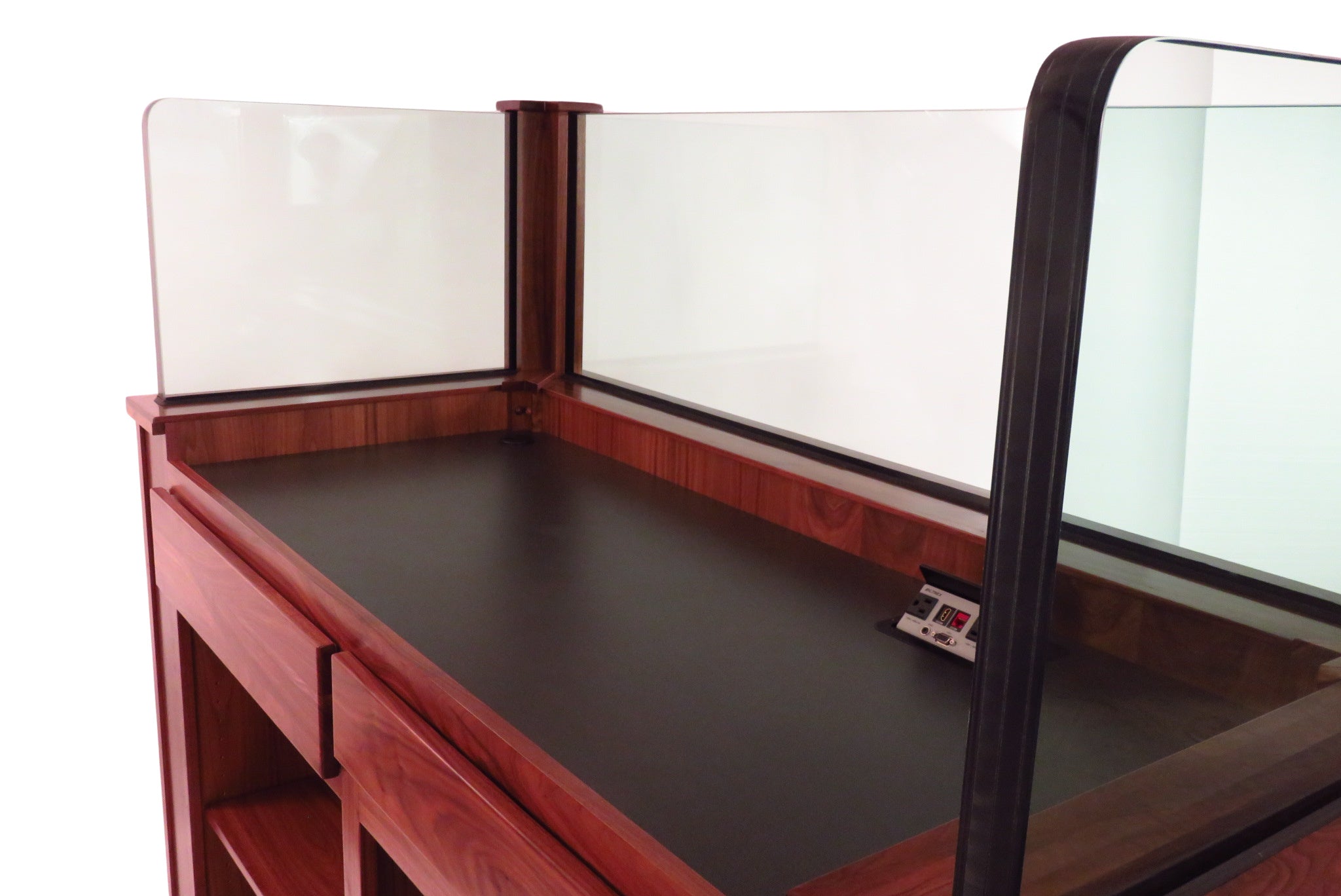 Protector™ Command Center - NIJ3 Bullet Resistant Workstation featuring a rugged, fortified design with reinforced bulletproof panels, providing maximum security and protection. The workstation offers ample storage and workspace, ideal for command centers in high-security environments." AMERICAN MADE