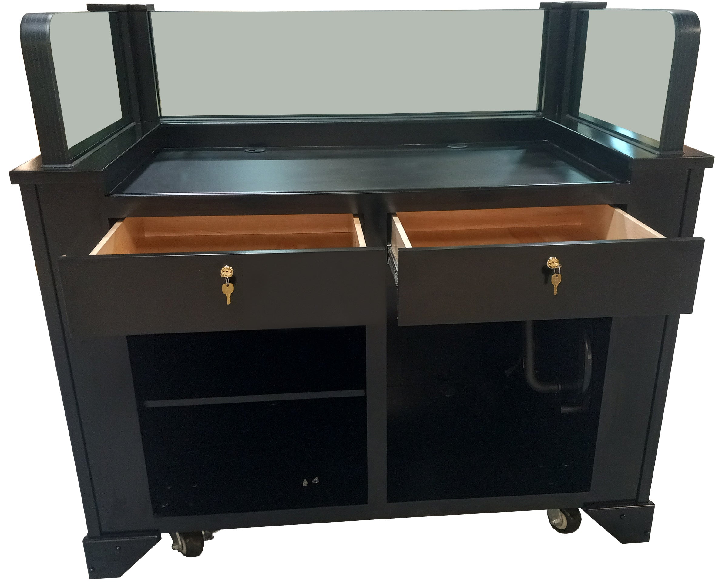 Protector™ Command Center - NIJ3 Bullet Resistant Workstation featuring a rugged, fortified design with reinforced bulletproof panels, providing maximum security and protection. The workstation offers ample storage and workspace, ideal for command centers in high-security environments." AMERICAN MADE