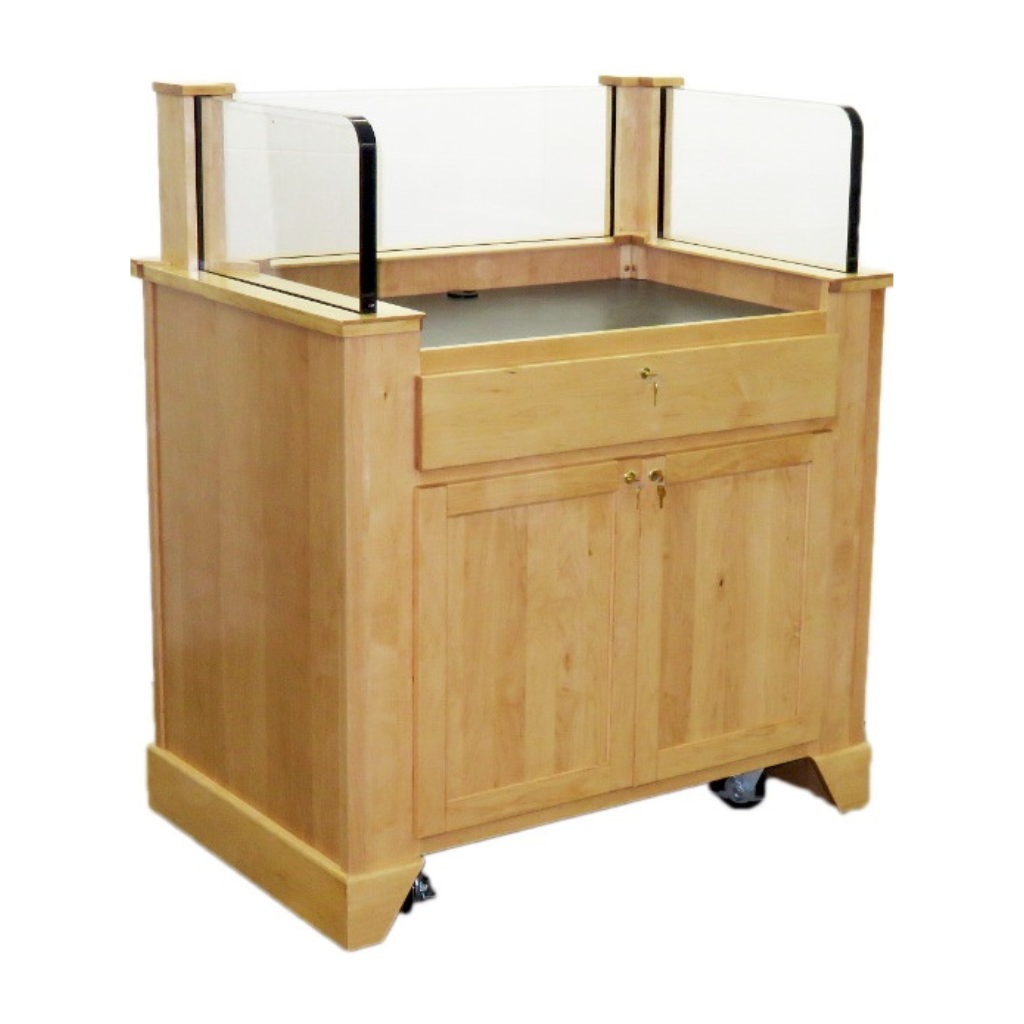 "Protector™ NIJ3 Bullet Resistant Mobile Workstation with a sturdy, sleek design. The workstation features a robust, armored body for enhanced security, mobility with hidden wheels, and ample workspace for efficient and safe operation in high-risk environments."