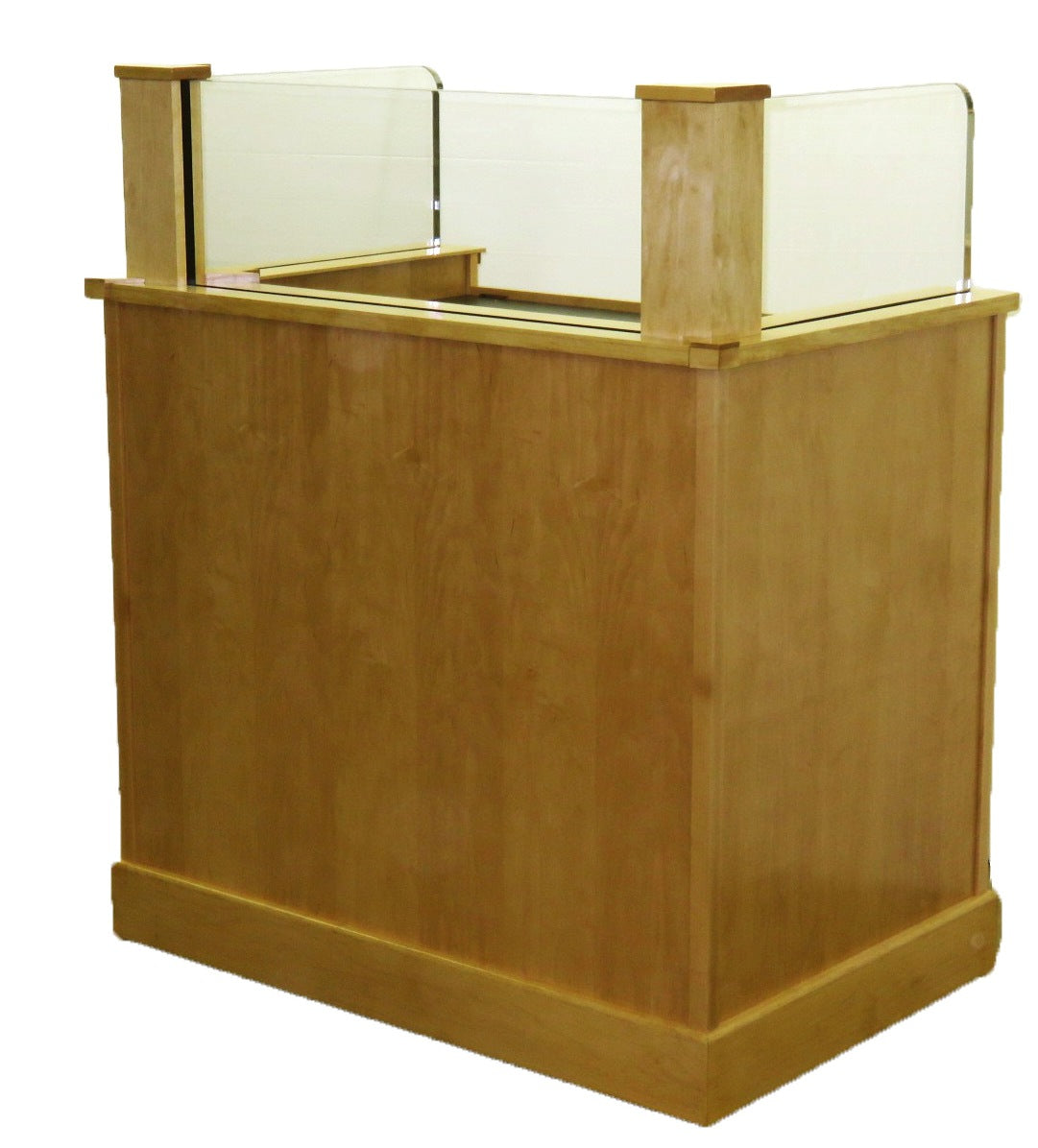 "Protector™ NIJ3 Bullet Resistant Mobile Workstation with a sturdy, sleek design. The workstation features a robust, armored body for enhanced security, mobility with hidden wheels, and ample workspace for efficient and safe operation in high-risk environments."