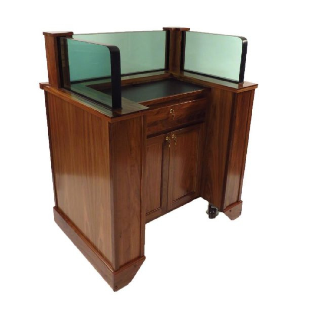 Protector Step-In™ NIJ3 Bullet Resistant Mobile Workstation with a compact, durable design, offering superior security and protection. Featuring reinforced bulletproof panels and a spacious work area, this mobile workstation is perfect for high-risk environments that require mobility and safety." AMERICAN MADE 