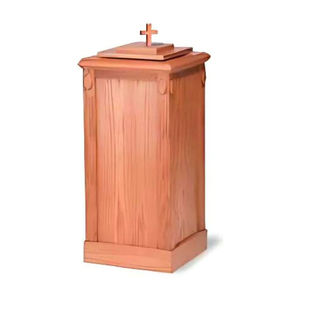 A beautifully crafted wooden baptismal font with a rich wood stain, showcasing intricate detailing and a polished finish, placed in a serene, sacred space