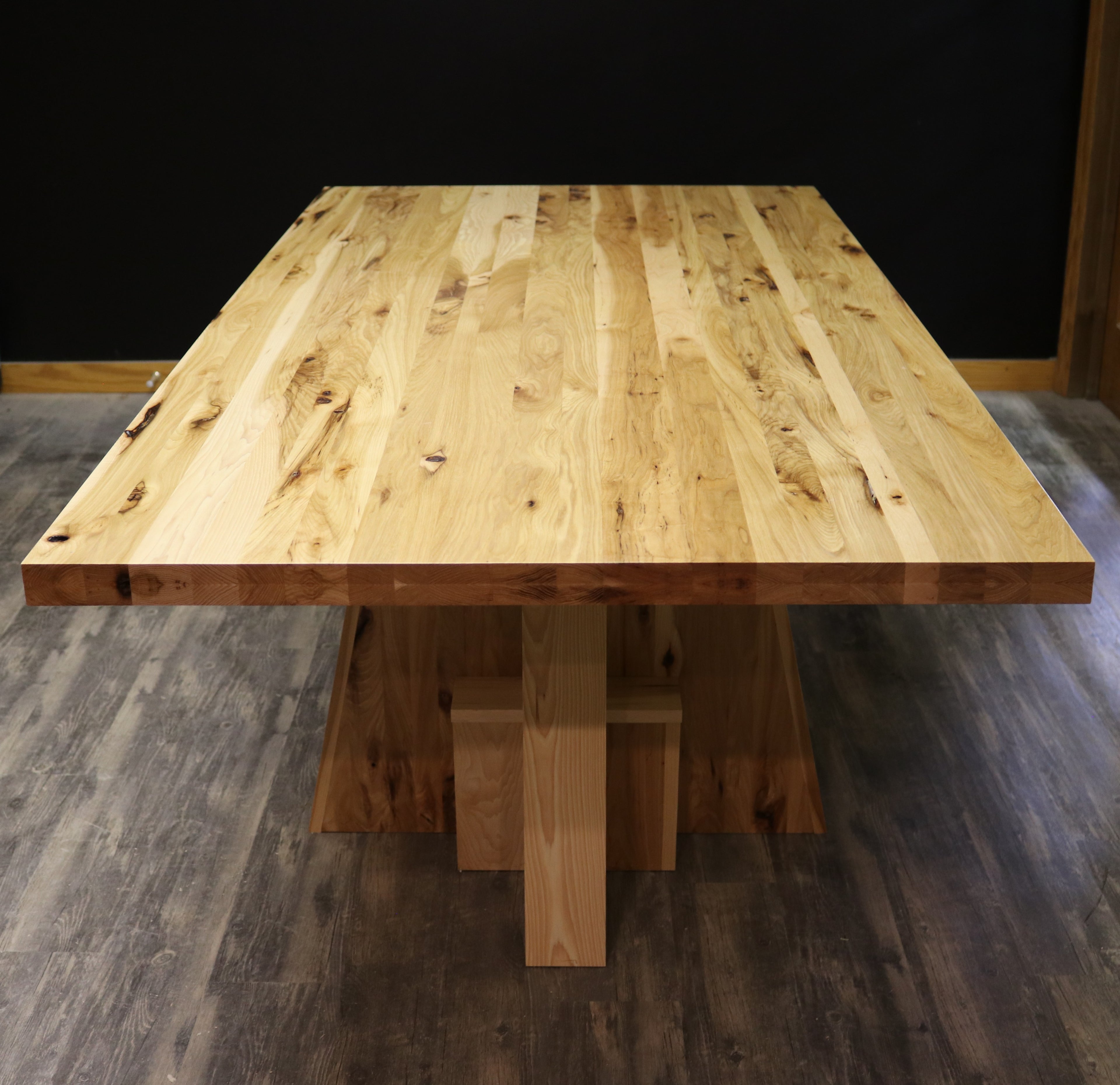 Handcrafted executive office table with a luxurious solid rustic hickory wood top. The table features a rich, natural finish with unique wood grain patterns, adding a touch of sophistication and durability to any office space. American made durable handcrafted 