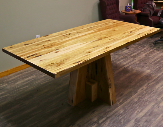 Handcrafted executive office table with a luxurious solid rustic hickory wood top. The table features a rich, natural finish with unique wood grain patterns, adding a touch of sophistication and durability to any office space. American made durable 