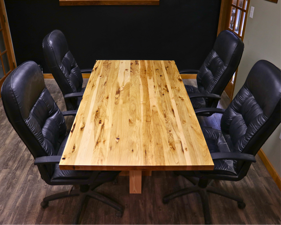 Handcrafted executive office table with a luxurious solid rustic hickory wood top. The table features a rich, natural finish with unique wood grain patterns, adding a touch of sophistication and durability to any office space. American made durable 