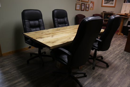 Handcrafted executive office table with a luxurious solid rustic hickory wood top. The table features a rich, natural finish with unique wood grain patterns, adding a touch of sophistication and durability to any office space. American made durable 